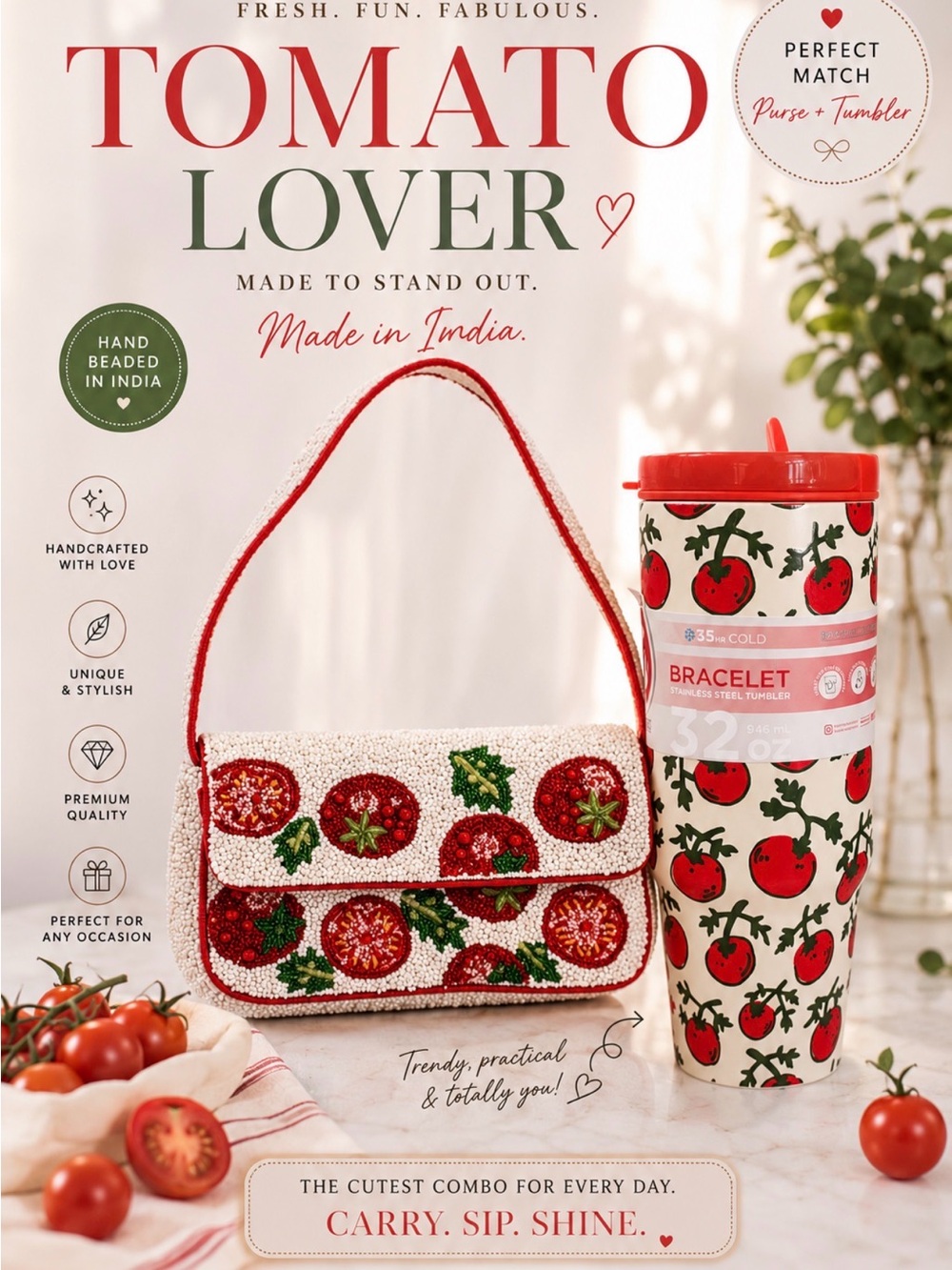 Tomato Beaded Shoulder Bag & Matching Tumbler Set